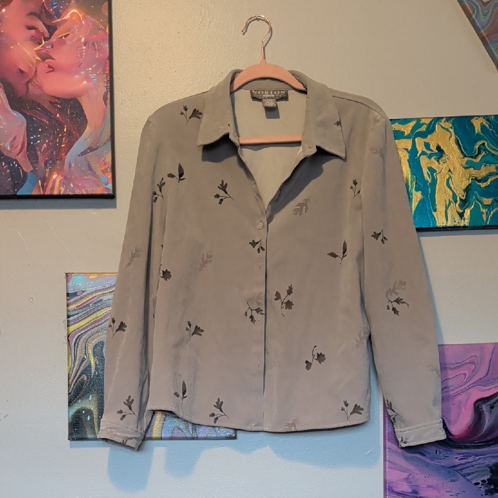 Green Button-Down Shirt with Leaf Design